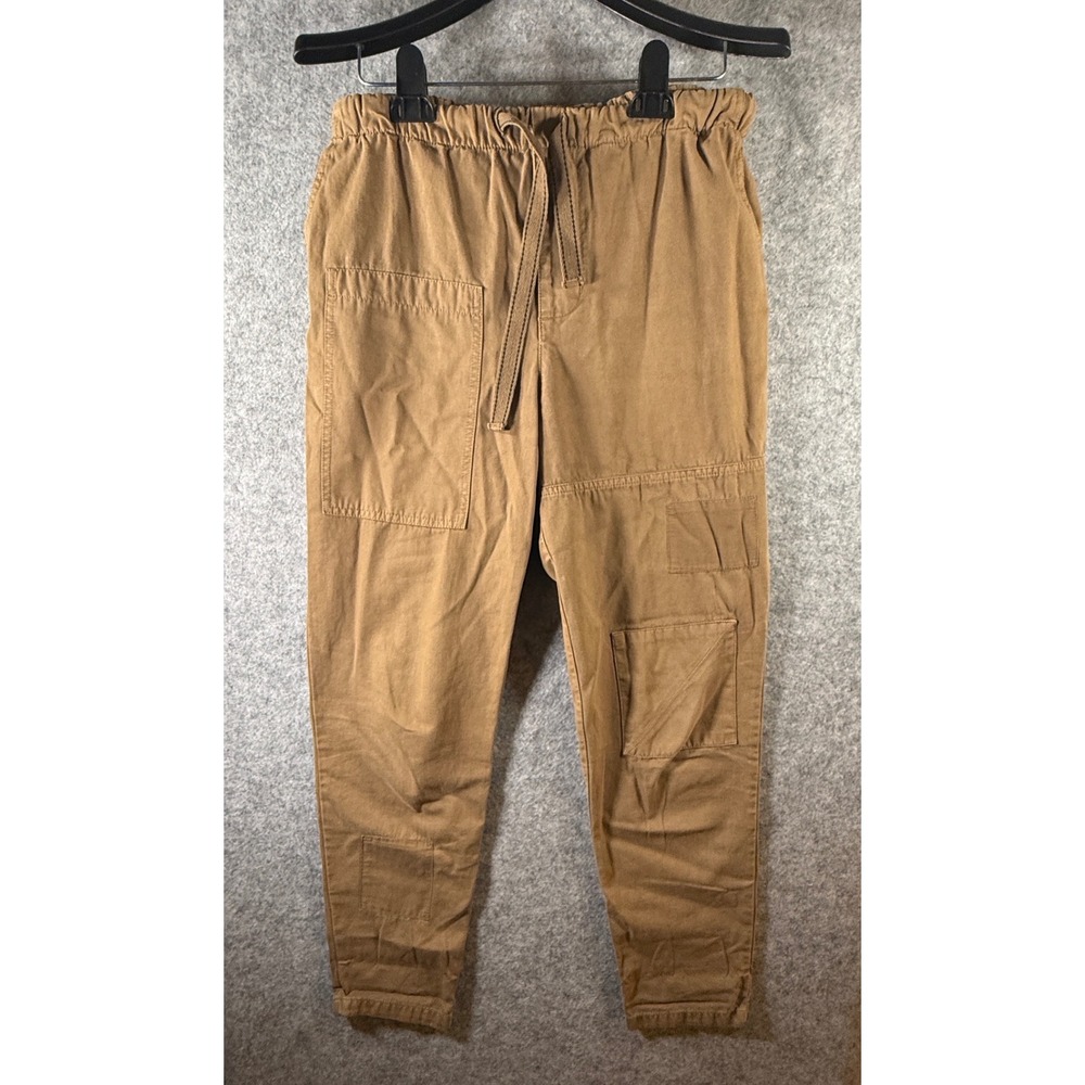 Brown Canvas Utility Jogger Pants Elastic Waist‎ Drawstring Multi Pocket Womens